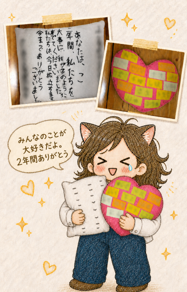 卒業式の日にもらった二つの手作りクッションと、それを抱きしめる猫耳の先生。個人名はぼかしています