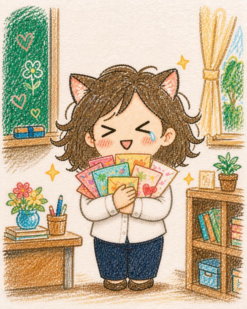 子どもたちからもらった手紙を胸に抱き、うれしさに涙を一粒流す猫耳の先生
