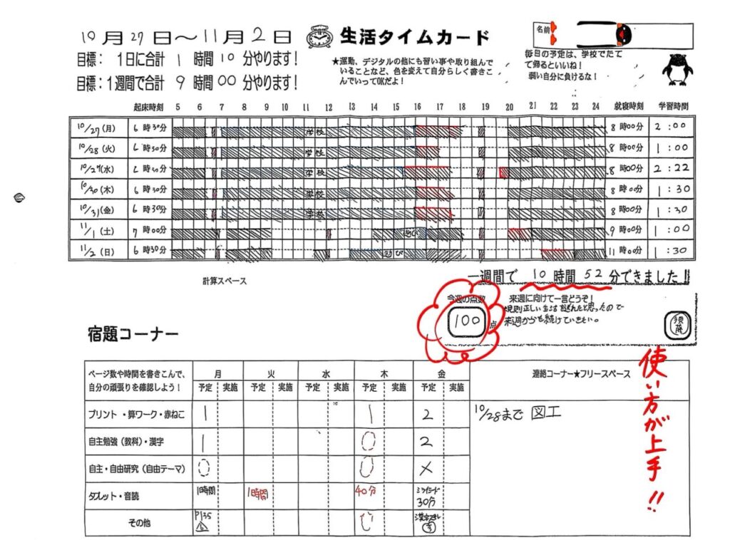 生活タイムカードの実例（３）です。赤で学習時間を示す以外は、鉛筆で色をぬり、カードを書くことに時間をかけない工夫がされています。