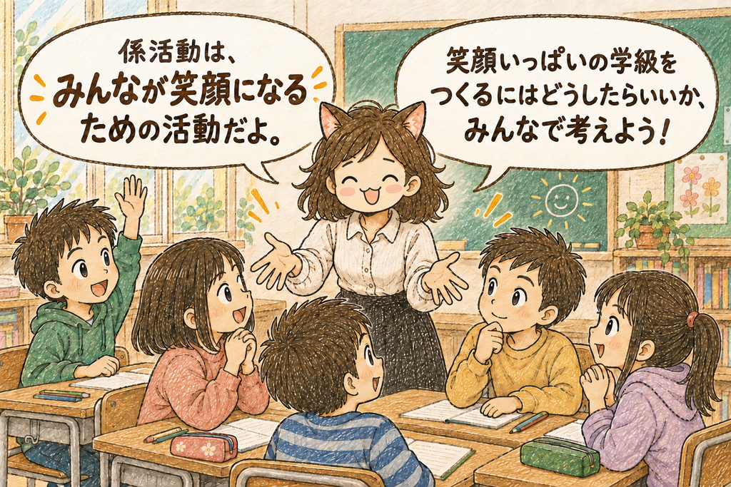 係活動は、みんなが笑顔になるための活動だよ。笑顔いっぱいの学級をつくるにはどうしたらいいか、みんなで考えよう!