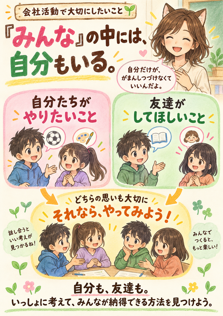 みんなのために活動するからといって、自分を我慢させ続ける活動にしてはいけません。会社のメンバーも、「みんな」の中に入っています。
自分たちがやりたいことと相手が求めていることの両方を大切にします。