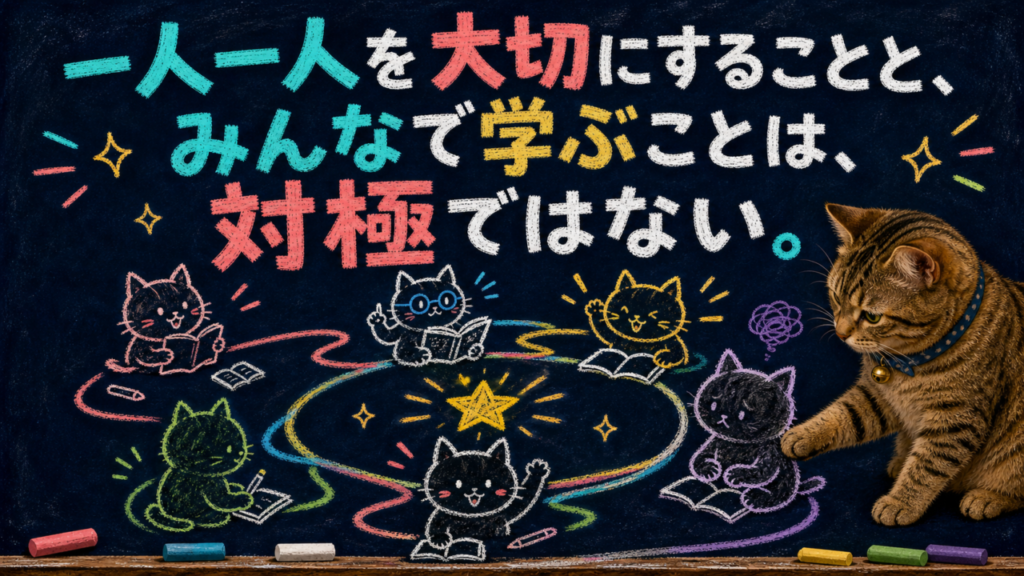 一人一人を大切にすることと、みんなで学ぶことは、対極ではないということを表している。