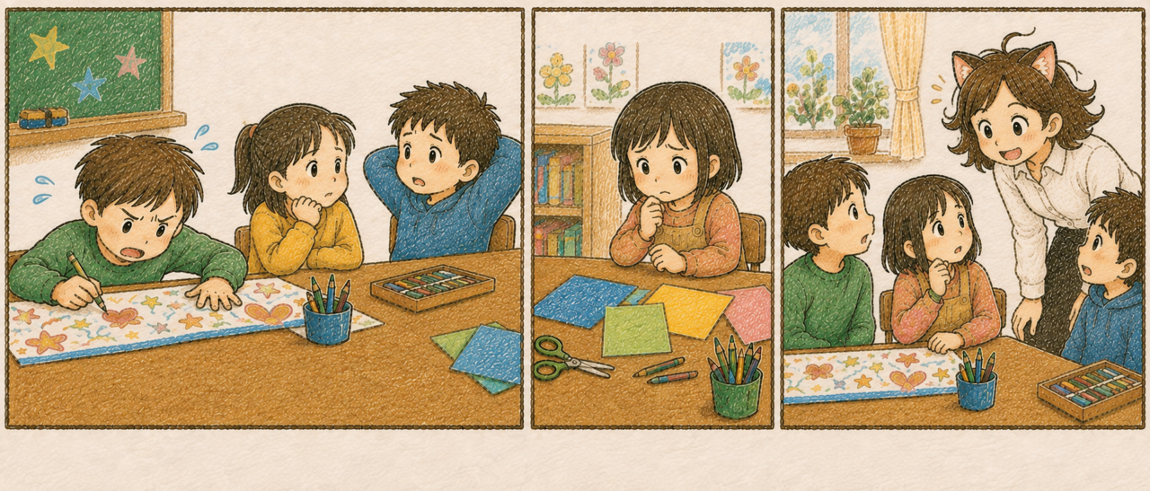係活動で参加の仕方に戸惑う子どもたちと、話を聞くKIKI3先生