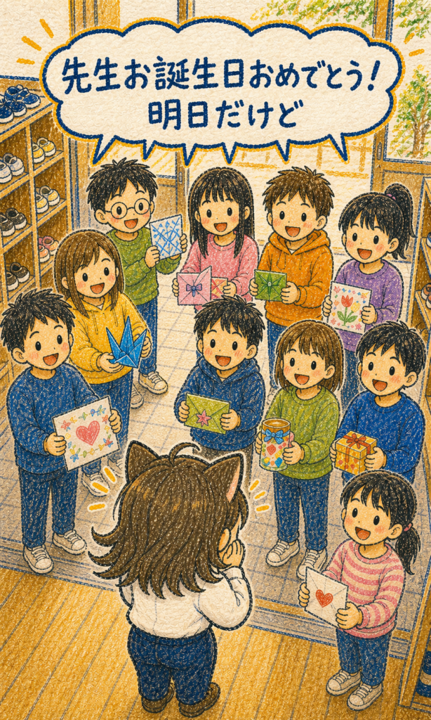 放課後、学校の玄関で手紙や手作りのプレゼントを渡す10人の5年生と、驚いて喜ぶ猫耳の先生