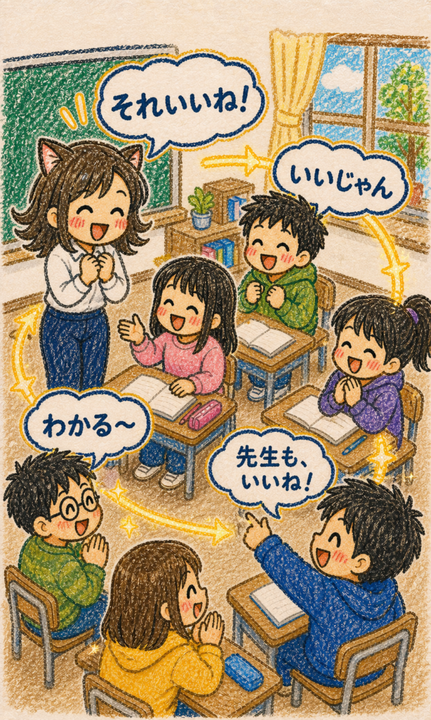 先生の「それいいね」が教室を巡り、5年生の子どもたちから「先生も、いいね」と返ってくる様子